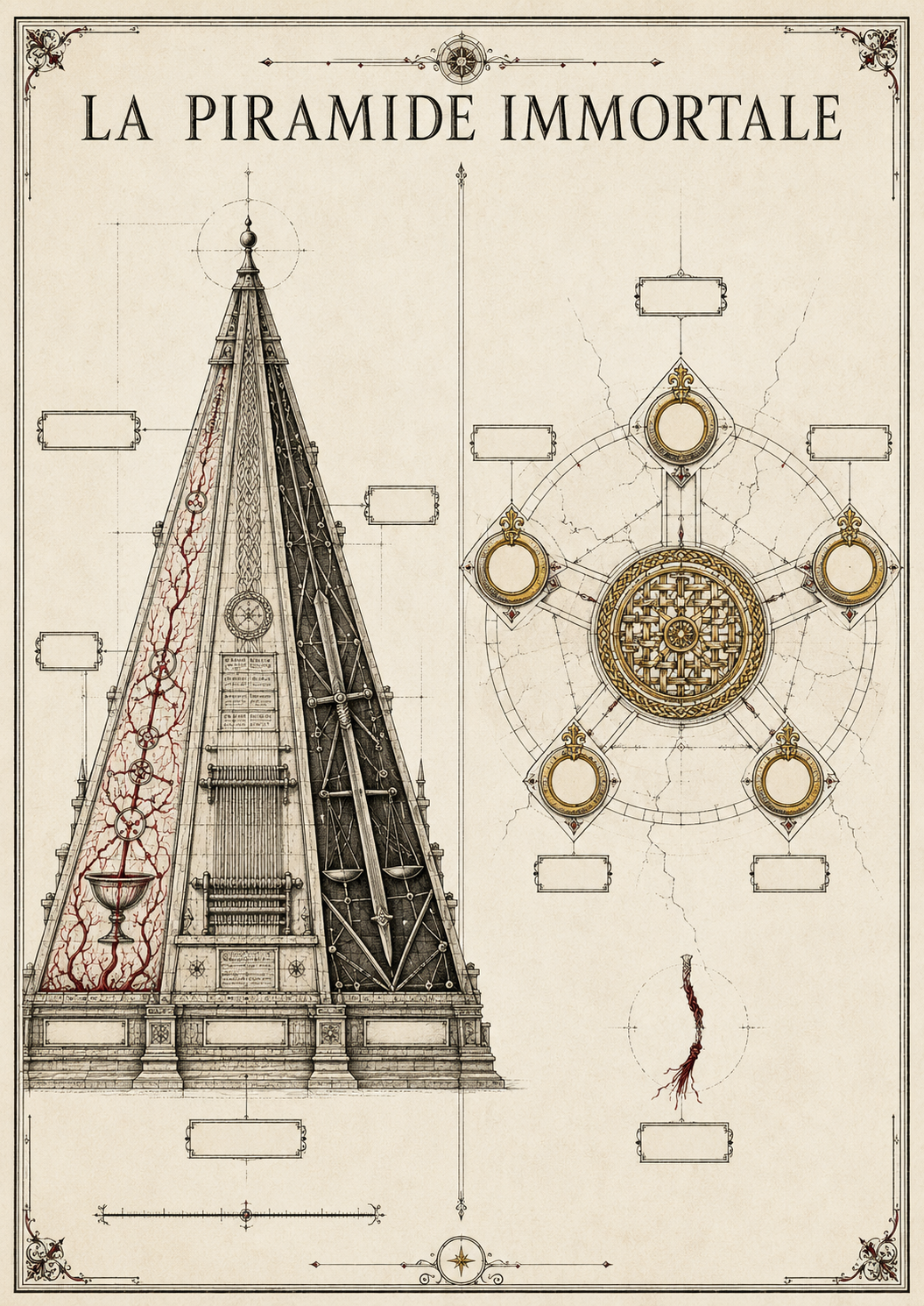 La Piramide Immortale · tavola d'archivio, cartigli lasciati in bianco per la mano del copista